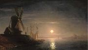 Ivan Aivazovsky A windmill overlooking a moonlit bay oil painting artist