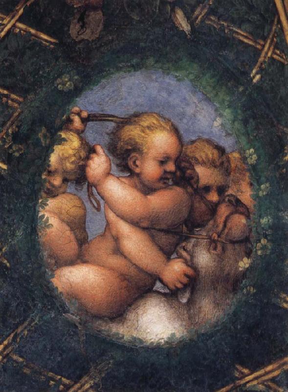 Correggio Two ovals depicting a putto with a stag's head and a putto with a greyhound oil painting image